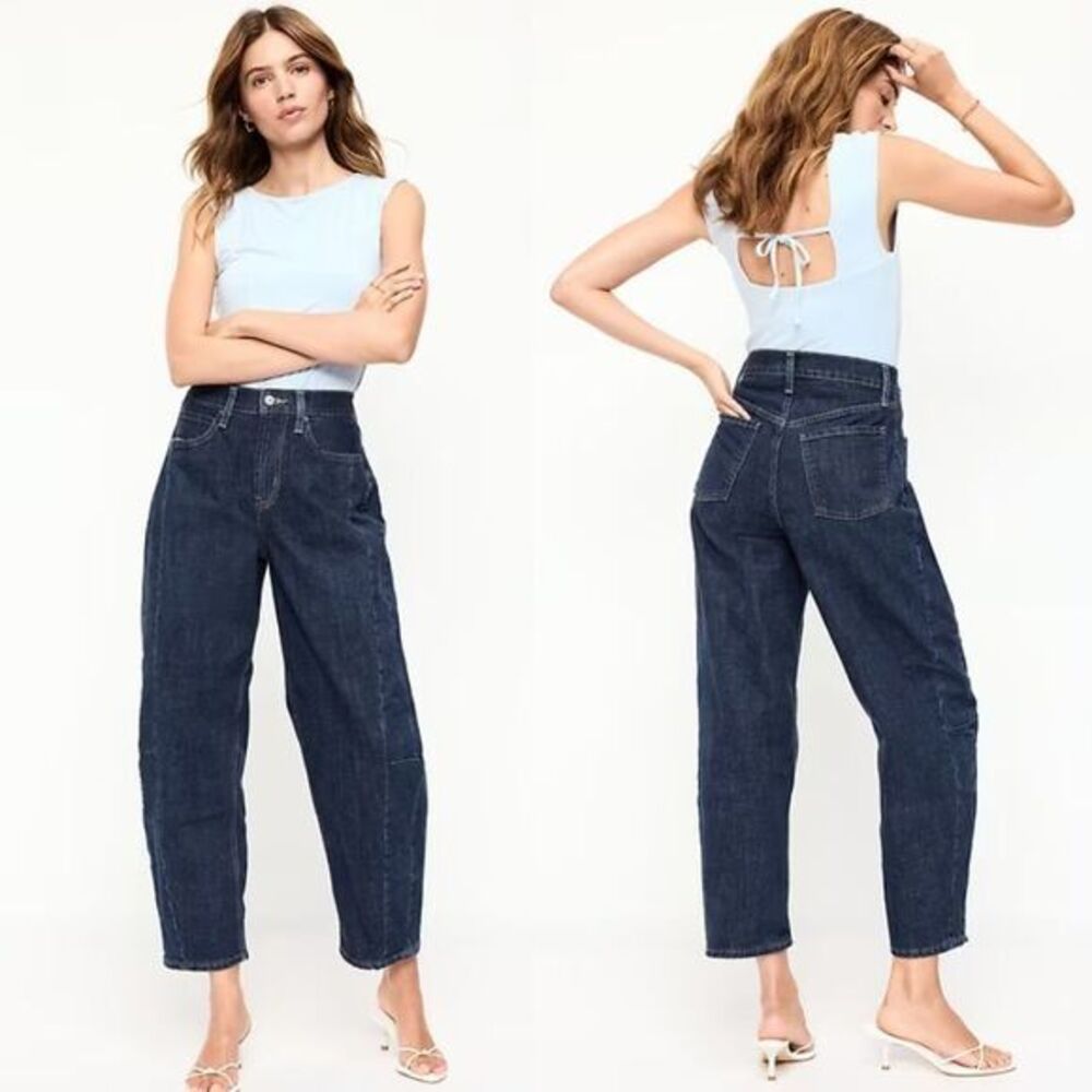 Old Navy High-Rise Barrel Leg Crop Baggy In Dark Wash Evie Jeans Size 8 NWOT